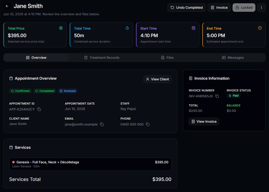 Appointment record showing scheduled time, client details, treatment context, and status